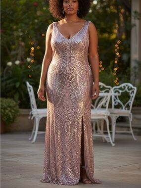 Rose Gold Sequin Evening Gown, Off Shoulder